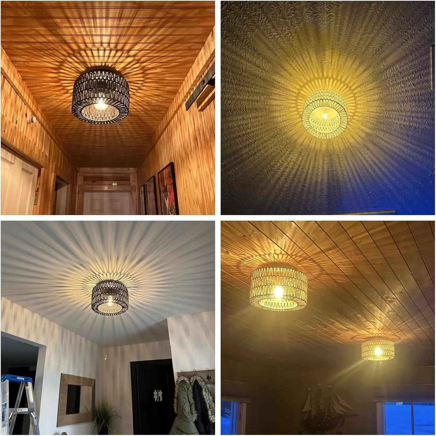 SineRise Rattan Ceiling Light Fixtures (12-Inch, LED Bulb Included), Hand-Woven Boho Flush Mount Ceiling Light, Rattan Chandelier for Hallway Kitchen Farmhouse Foyer Entryway Living Room(Black)
