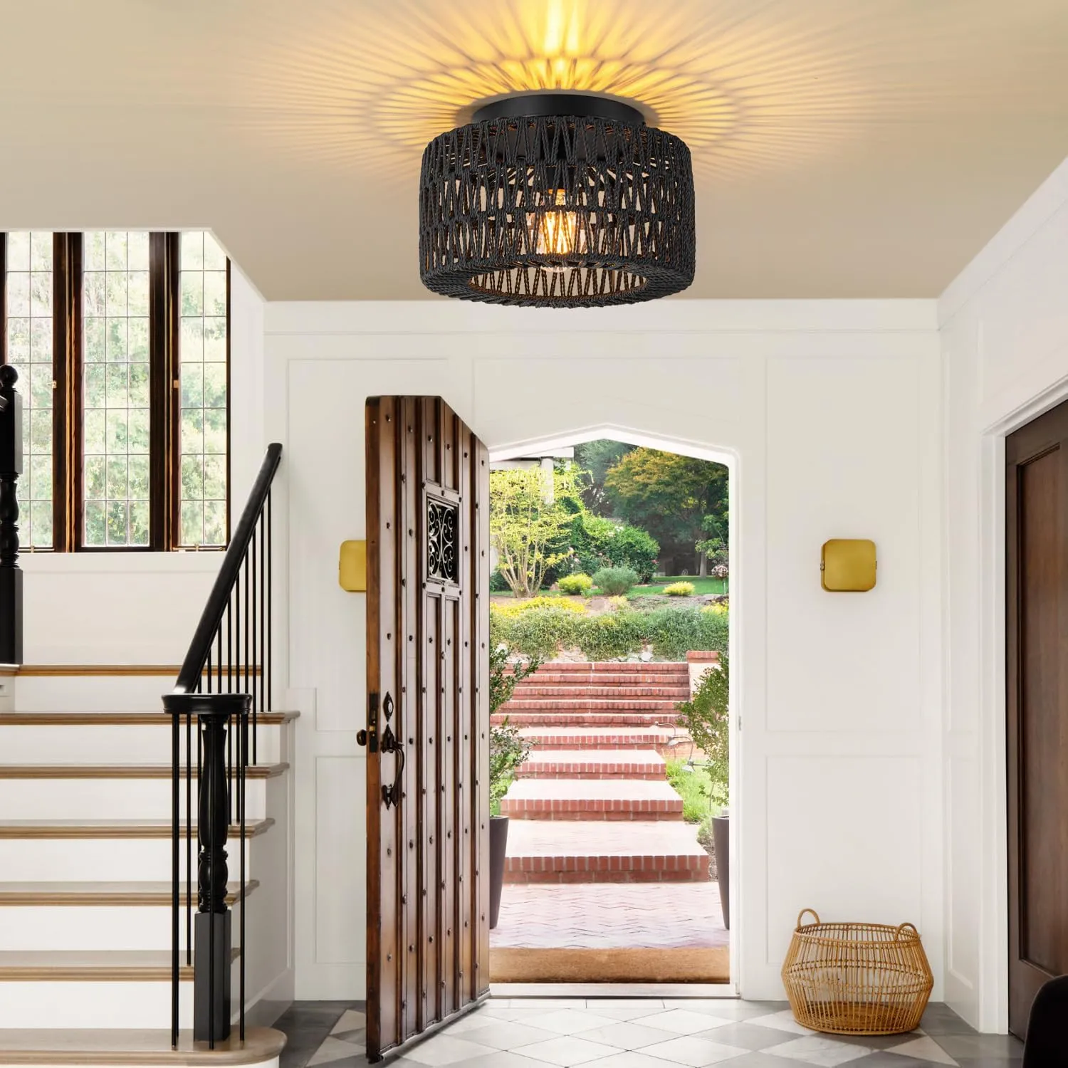 SineRise Rattan Ceiling Light Fixtures (12-Inch, LED Bulb Included), Hand-Woven Boho Flush Mount Ceiling Light, Rattan Chandelier for Hallway Kitchen Farmhouse Foyer Entryway Living Room(Black)
