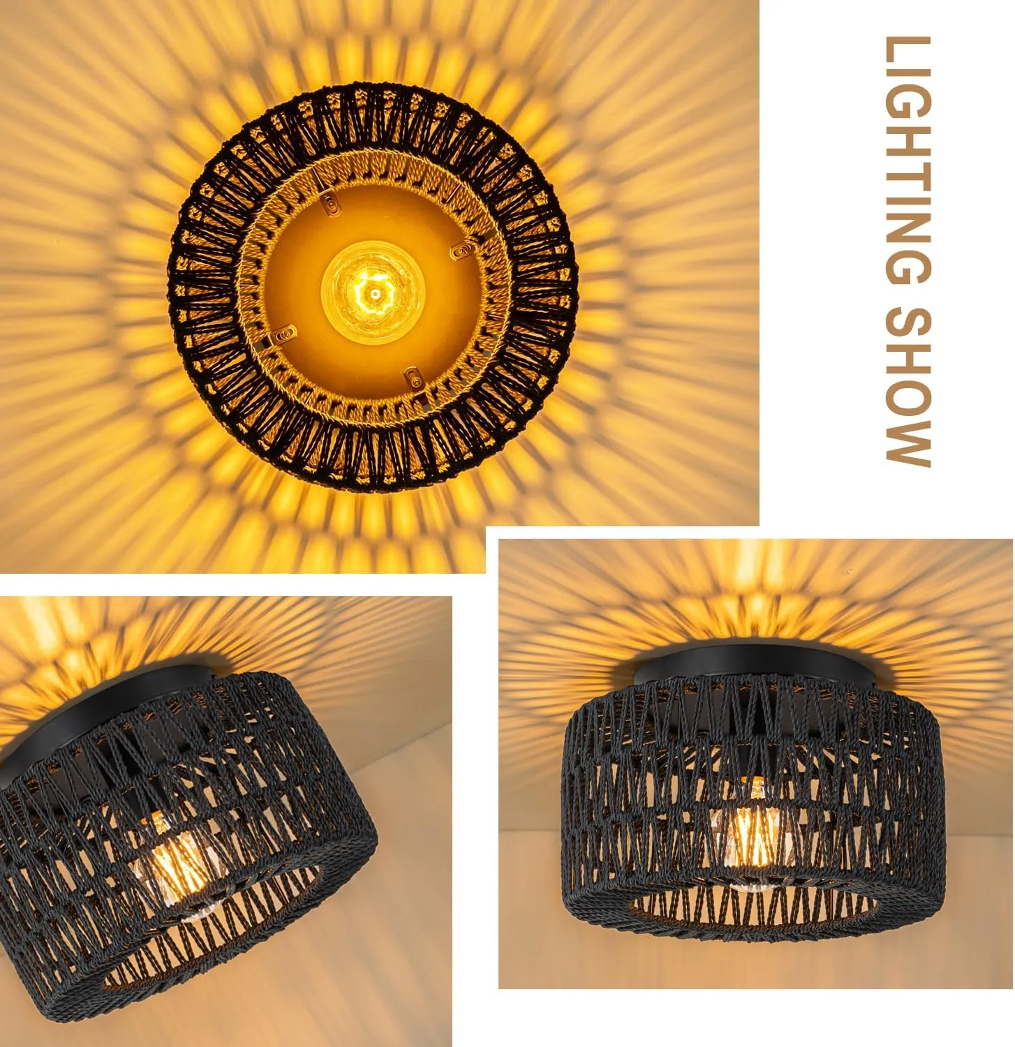 SineRise Rattan Ceiling Light Fixtures (12-Inch, LED Bulb Included), Hand-Woven Boho Flush Mount Ceiling Light, Rattan Chandelier for Hallway Kitchen Farmhouse Foyer Entryway Living Room(Black)
