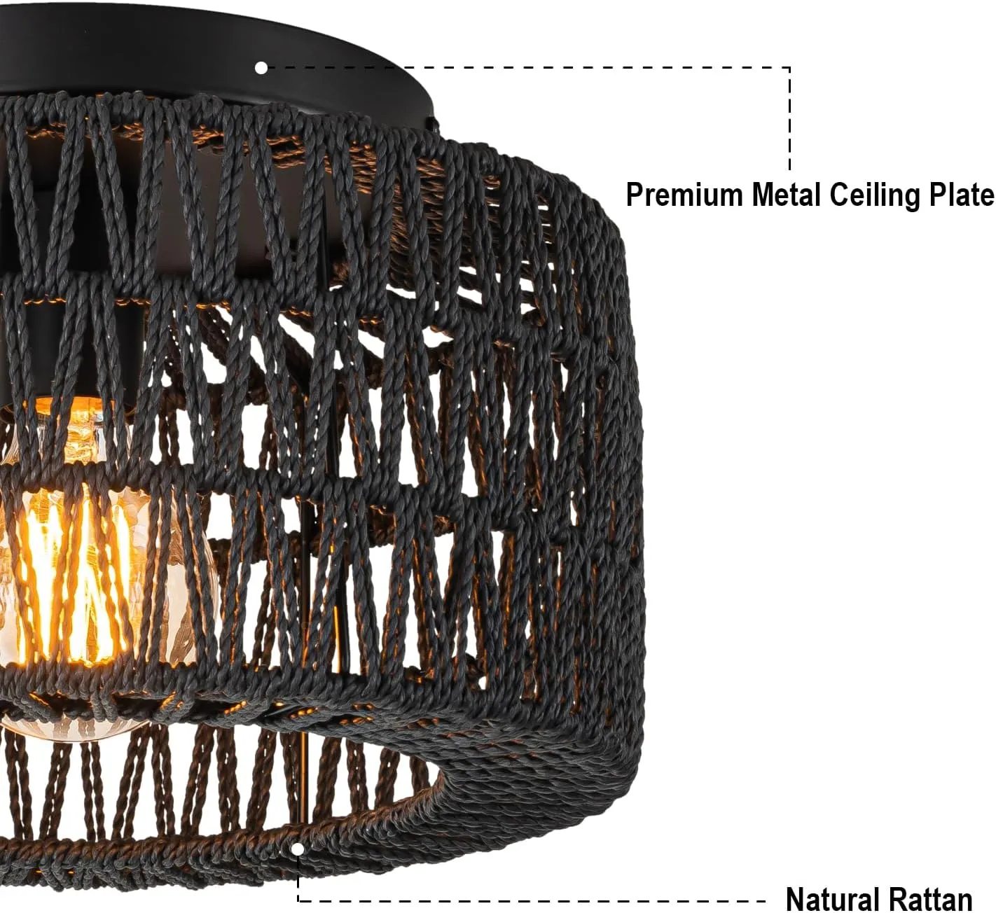 SineRise Rattan Ceiling Light Fixtures (12-Inch, LED Bulb Included), Hand-Woven Boho Flush Mount Ceiling Light, Rattan Chandelier for Hallway Kitchen Farmhouse Foyer Entryway Living Room(Black)