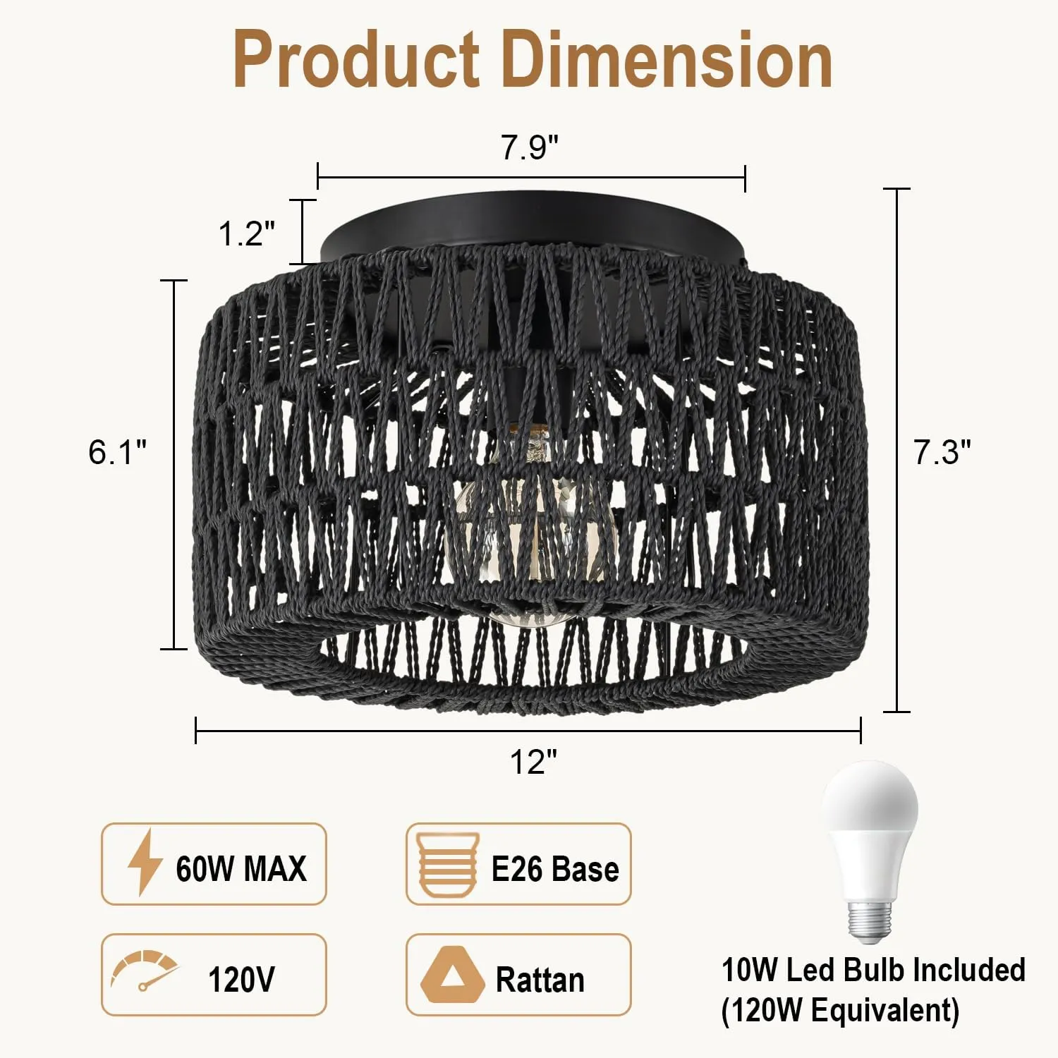SineRise Rattan Ceiling Light Fixtures (12-Inch, LED Bulb Included), Hand-Woven Boho Flush Mount Ceiling Light, Rattan Chandelier for Hallway Kitchen Farmhouse Foyer Entryway Living Room(Black)
