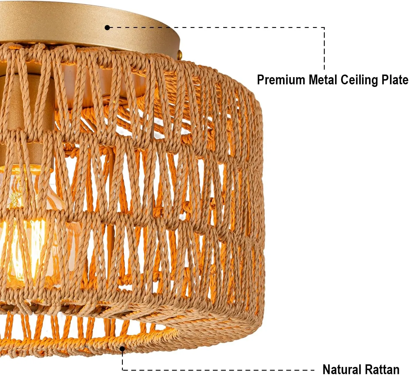 SineRise Rattan Ceiling Light Fixtures (12-Inch, LED Bulb Included), Hand-Woven Boho Flush Mount Ceiling Light, Rattan Chandelier for Hallway Kitchen Farmhouse Foyer Entryway Living Room(Gold)