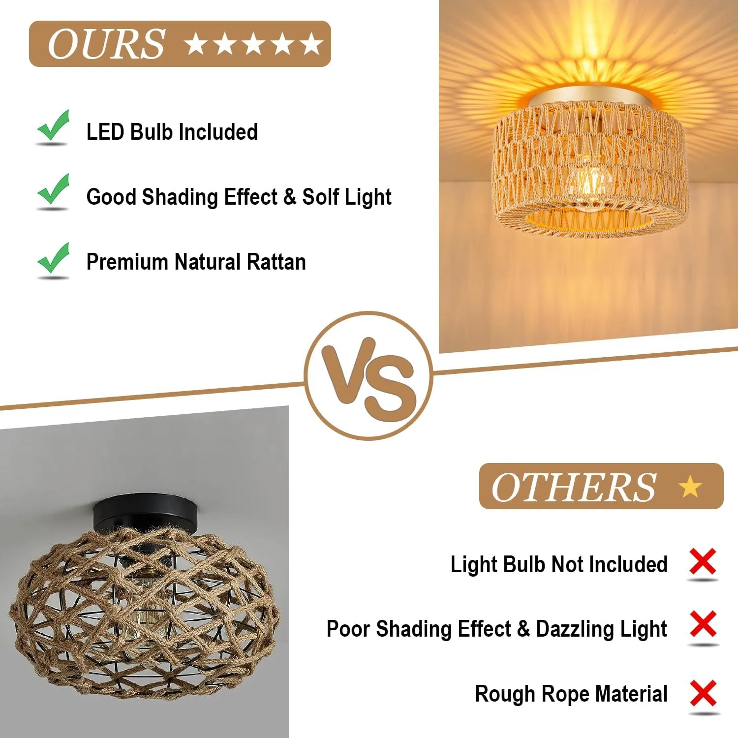 SineRise Rattan Ceiling Light Fixtures (12-Inch, LED Bulb Included), Hand-Woven Boho Flush Mount Ceiling Light, Rattan Chandelier for Hallway Kitchen Farmhouse Foyer Entryway Living Room(Gold)