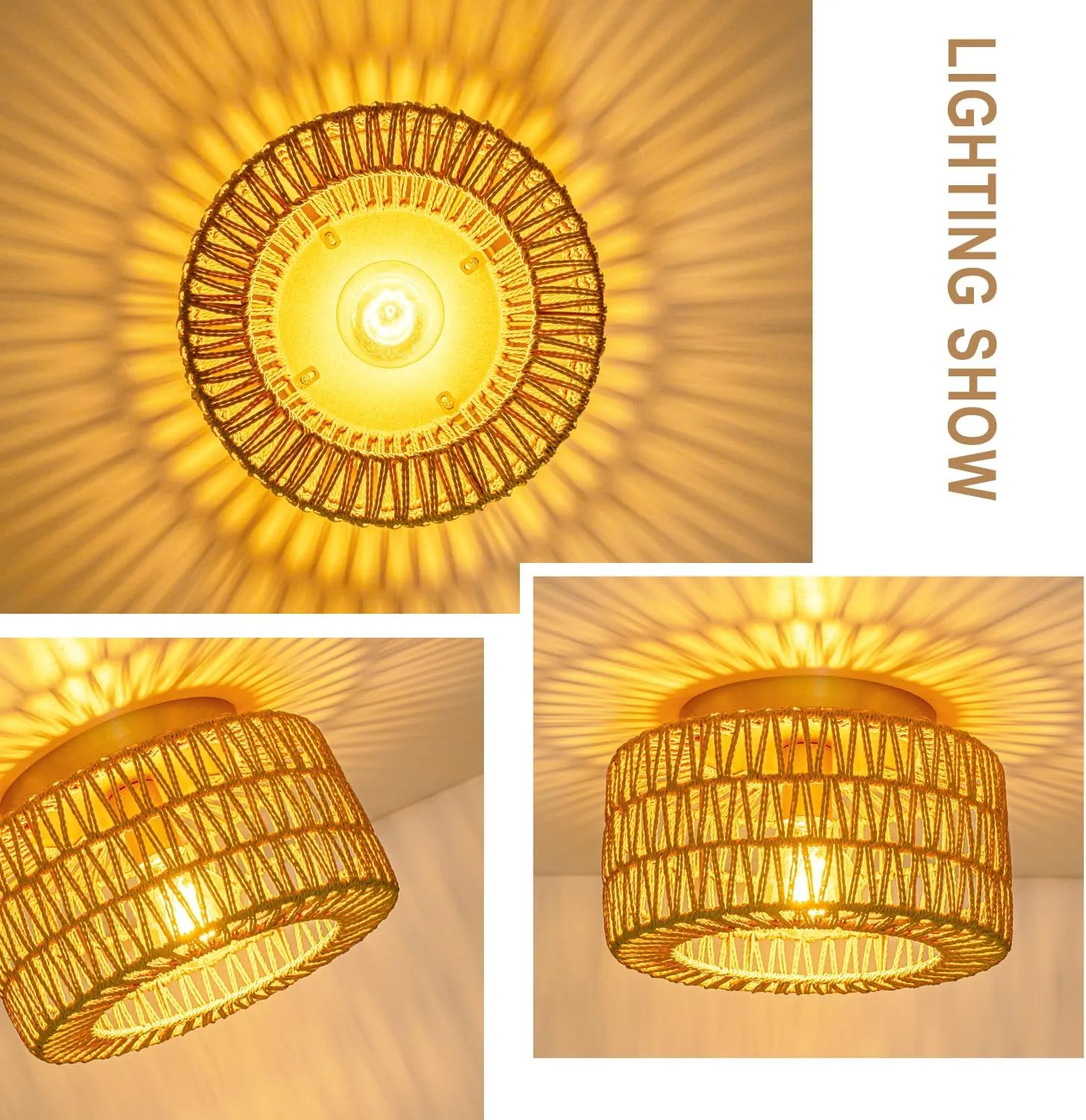 SineRise Rattan Ceiling Light Fixtures (12-Inch, LED Bulb Included), Hand-Woven Boho Flush Mount Ceiling Light, Rattan Chandelier for Hallway Kitchen Farmhouse Foyer Entryway Living Room(Gold)