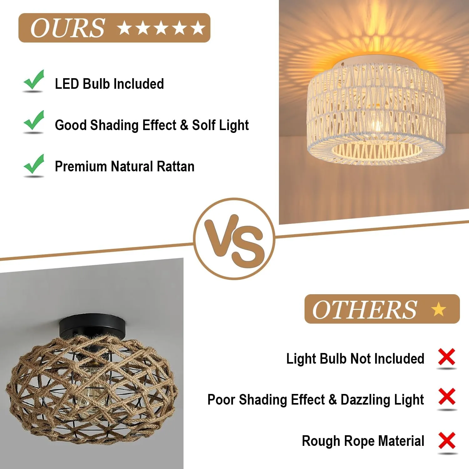 SineRise Rattan Ceiling Light Fixtures (12-Inch, LED Bulb Included), Hand-Woven Boho Flush Mount Ceiling Light, Rattan Chandelier for Hallway Kitchen Farmhouse Foyer Entryway Living Room(White)