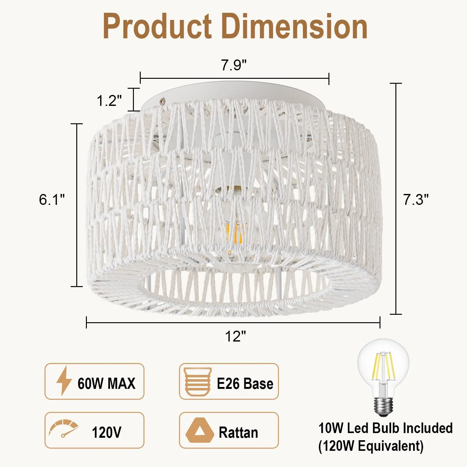 SineRise Rattan Ceiling Light Fixtures (12-Inch, LED Bulb Included), Hand-Woven Boho Flush Mount Ceiling Light, Rattan Chandelier for Hallway Kitchen Farmhouse Foyer Entryway Living Room(White)