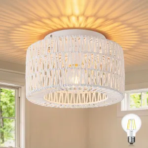 SineRise Rattan Ceiling Light Fixtures (12-Inch, LED Bulb Included), Hand-Woven Boho Flush Mount Ceiling Light, Rattan Chandelier for Hallway Kitchen Farmhouse Foyer Entryway Living Room(White)