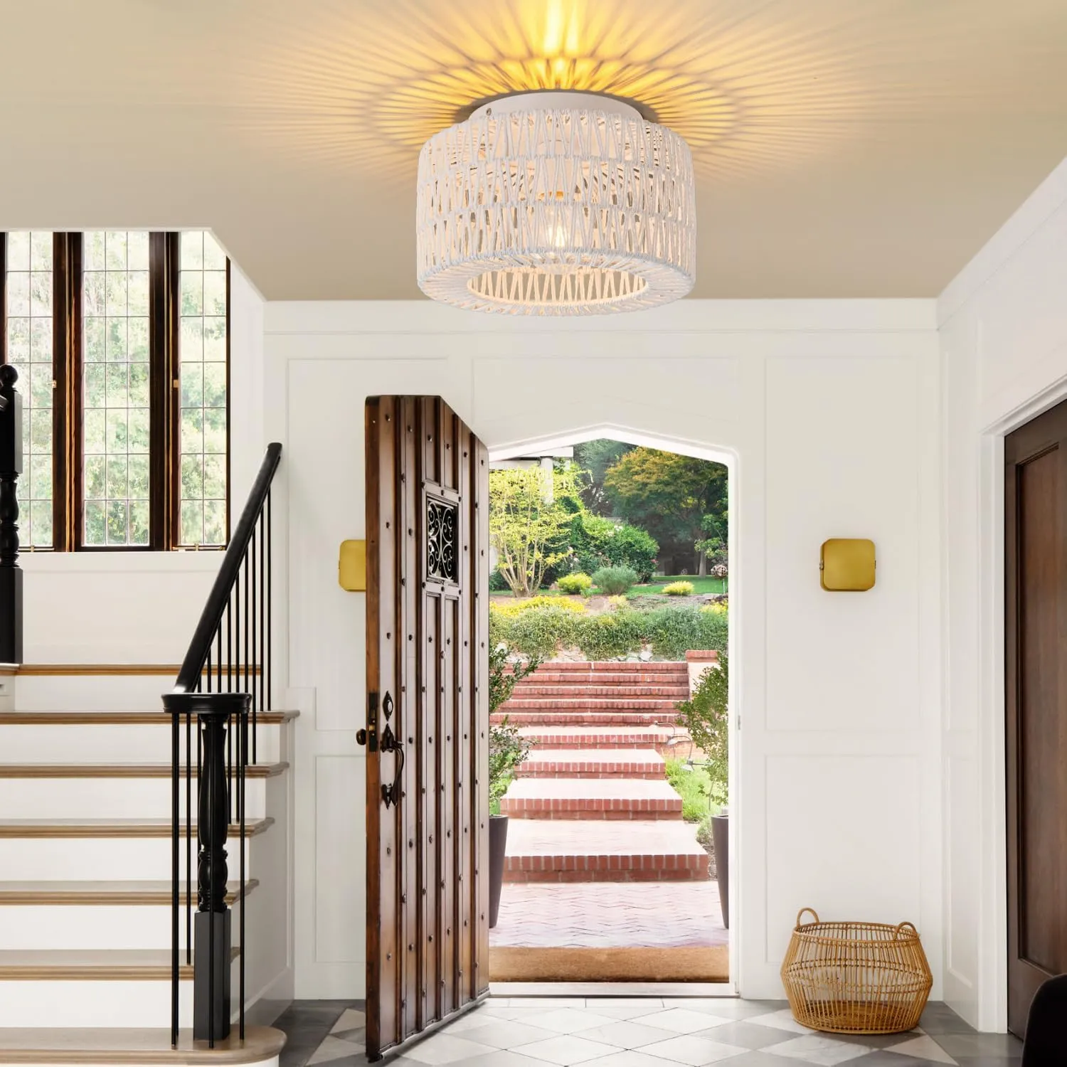 SineRise Rattan Ceiling Light Fixtures (12-Inch, LED Bulb Included), Hand-Woven Boho Flush Mount Ceiling Light, Rattan Chandelier for Hallway Kitchen Farmhouse Foyer Entryway Living Room(White)