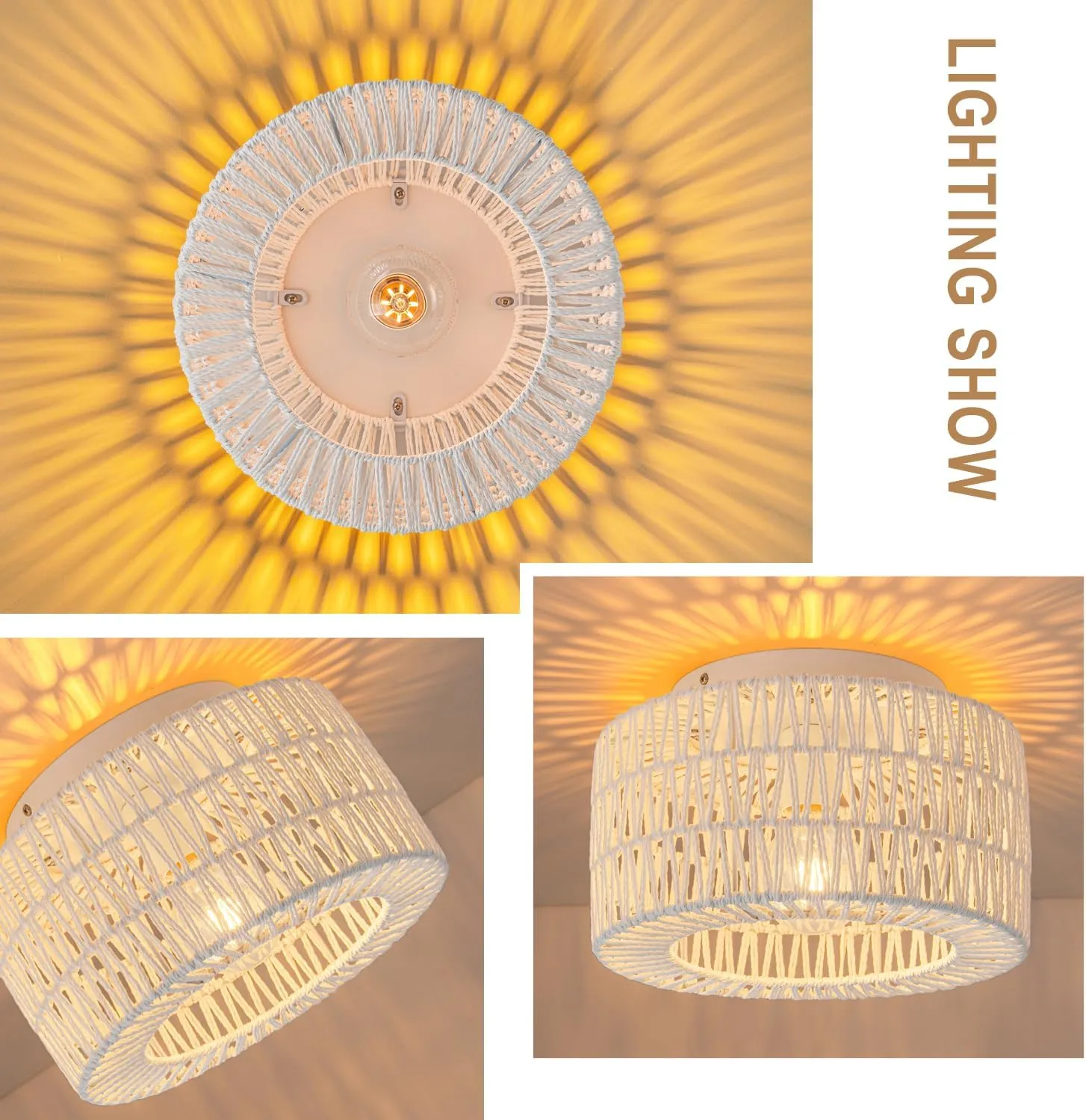 SineRise Rattan Ceiling Light Fixtures (12-Inch, LED Bulb Included), Hand-Woven Boho Flush Mount Ceiling Light, Rattan Chandelier for Hallway Kitchen Farmhouse Foyer Entryway Living Room(White)