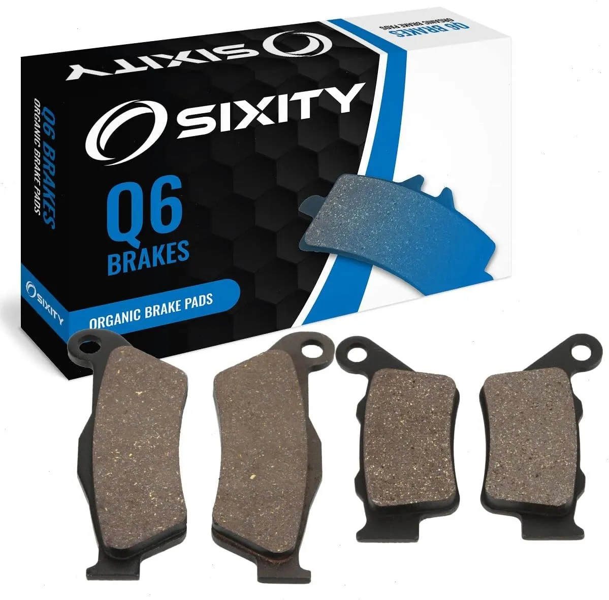 Sixity Q6 Front Rear Organic Brake Pads compatible with Husqvarna WR250 45mm Marzocchi forks 60mm Caliper Mount Centers 2002-2005 Complete Set