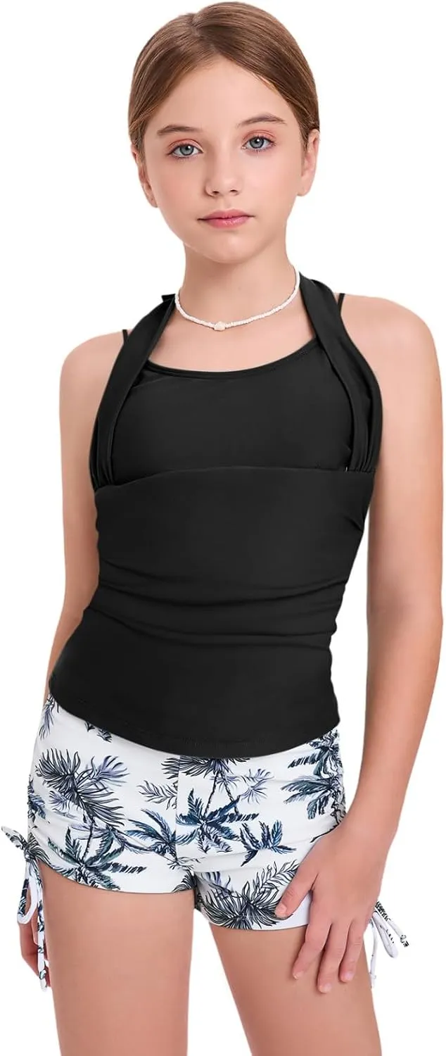 Size 7-16 Years Girls Slim Fit Swimsuit 2 Piece Halterneck Tankini Swimsuit Drawstring Printed Swim Shorts