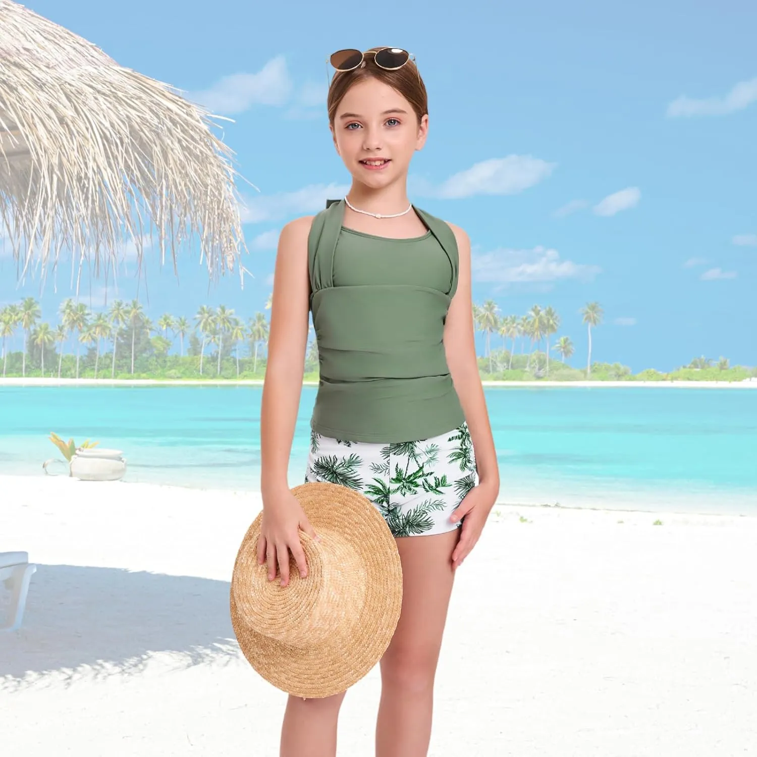 Size 7-16 Years Girls Slim Fit Swimsuit 2 Piece Halterneck Tankini Swimsuit Drawstring Printed Swim Shorts