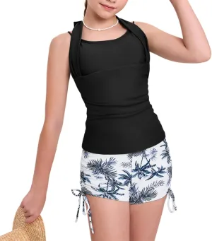 Size 7-16 Years Girls Slim Fit Swimsuit 2 Piece Halterneck Tankini Swimsuit Drawstring Printed Swim Shorts