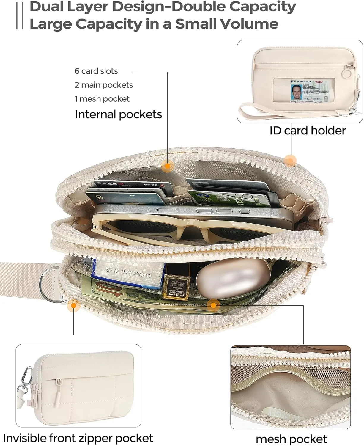 Small Crossbody Bags for Women Nylon Quilted Wristlet RFID Wallets with 4 Zipper Carry All Purse Credit Card Holder