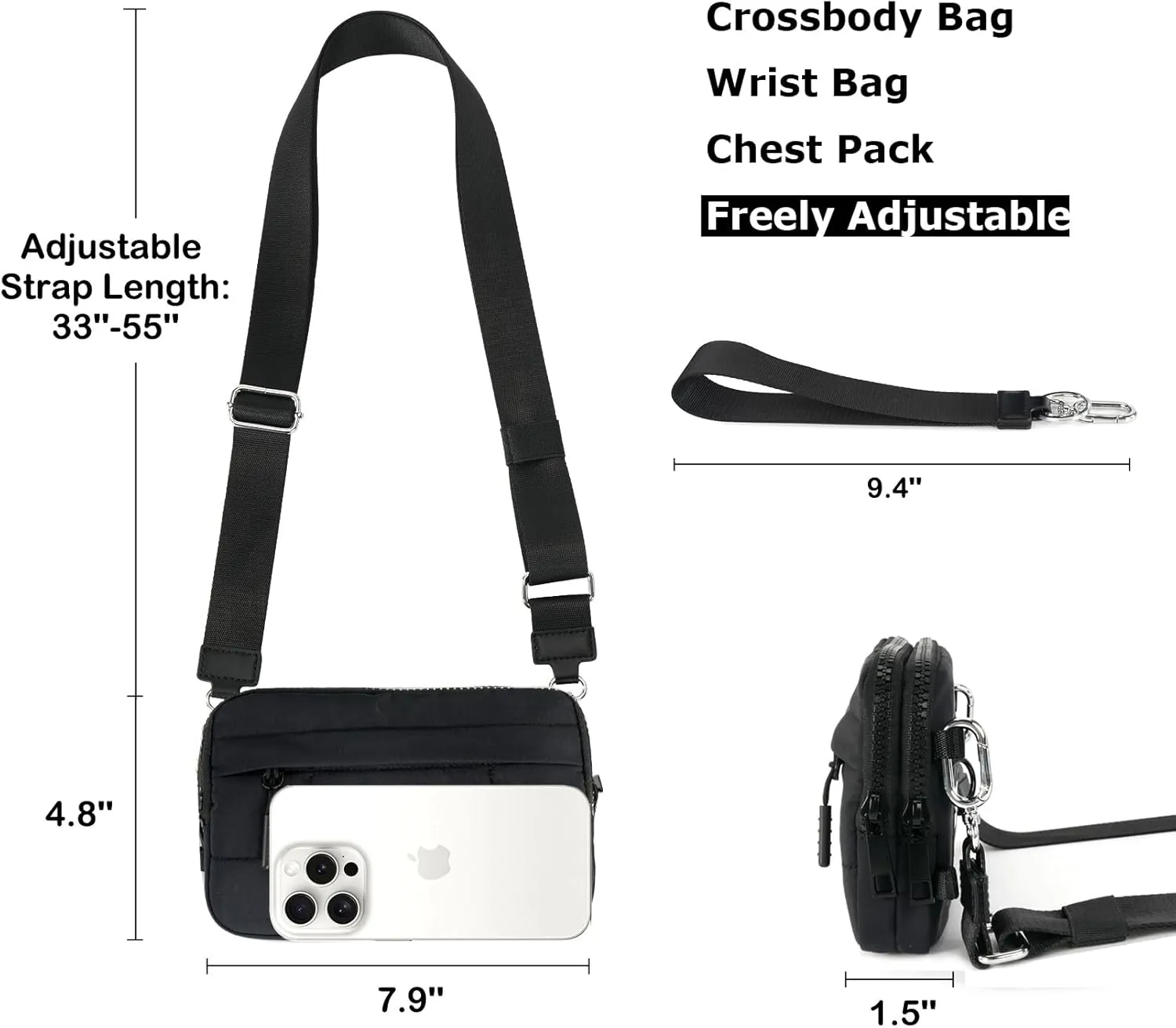 Small Crossbody Bags for Women Nylon Quilted Wristlet RFID Wallets with 4 Zipper Carry All Purse Credit Card Holder