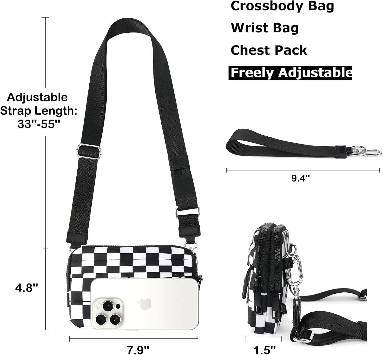 Small Crossbody Bags for Women Nylon Quilted Wristlet RFID Wallets with 4 Zipper Carry All Purse Credit Card Holder