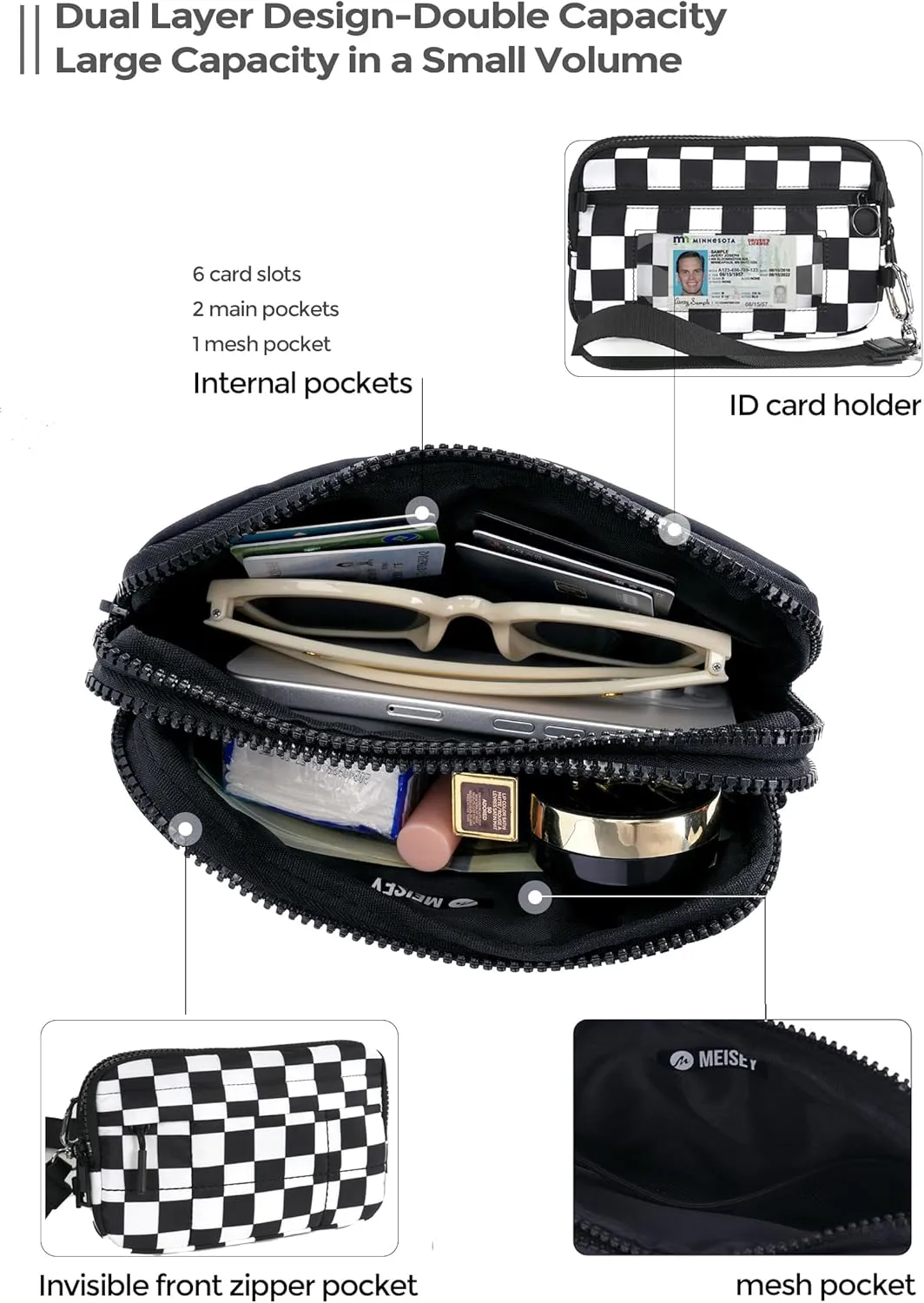 Small Crossbody Bags for Women Nylon Quilted Wristlet RFID Wallets with 4 Zipper Carry All Purse Credit Card Holder