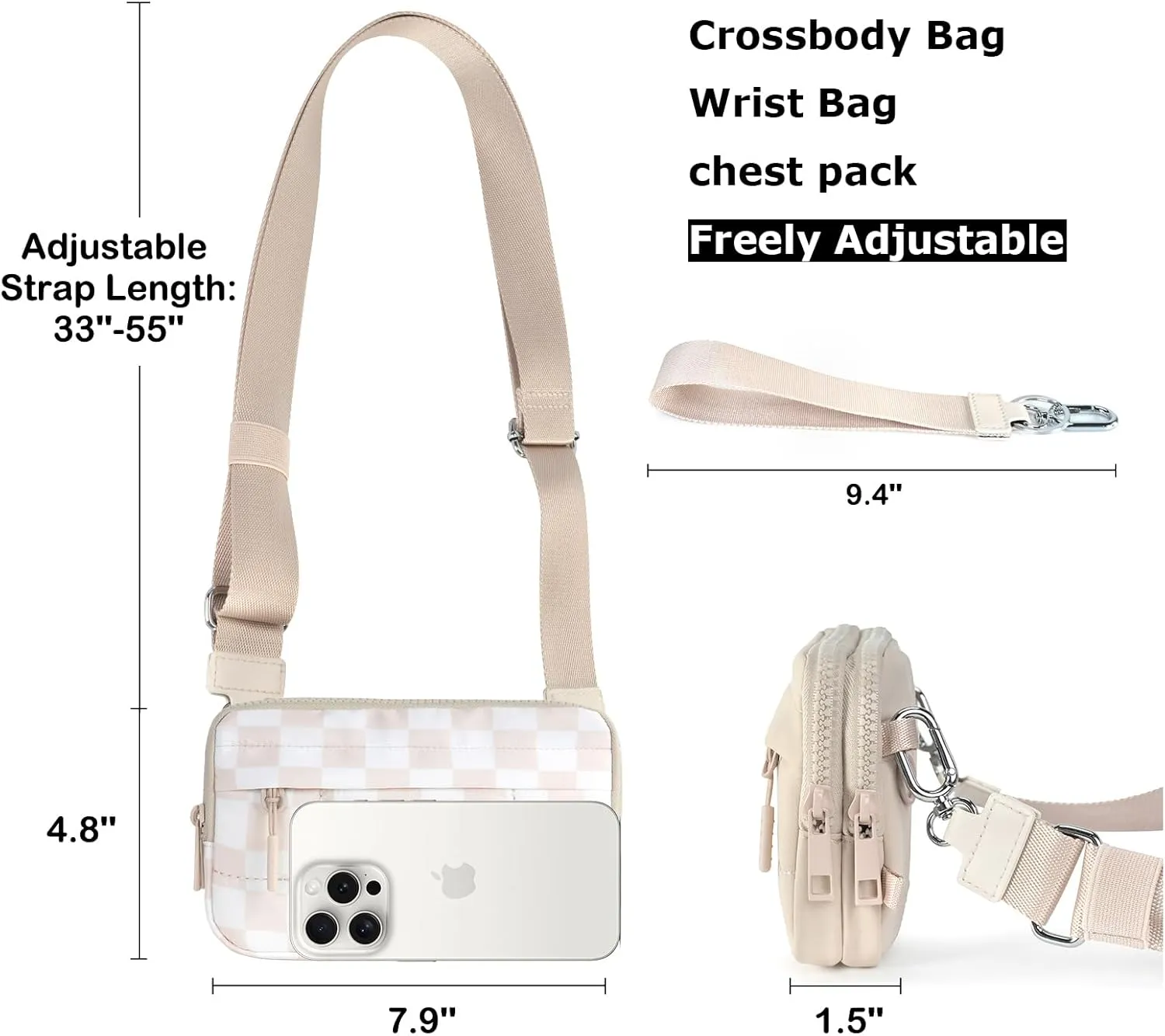 Small Crossbody Bags for Women Nylon Quilted Wristlet RFID Wallets with 4 Zipper Carry All Purse Credit Card Holder