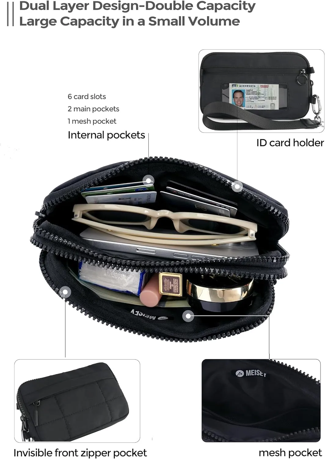 Small Crossbody Bags for Women Nylon Quilted Wristlet RFID Wallets with 4 Zipper Carry All Purse Credit Card Holder