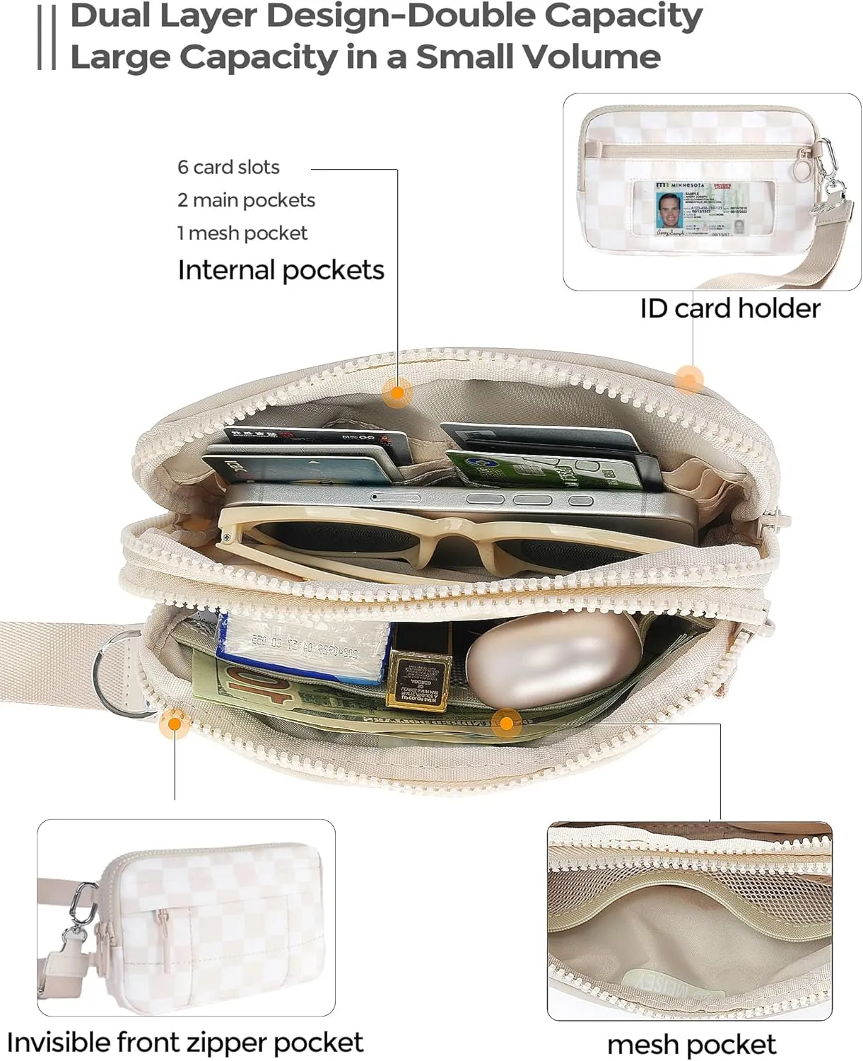Small Crossbody Bags for Women Nylon Quilted Wristlet RFID Wallets with 4 Zipper Carry All Purse Credit Card Holder