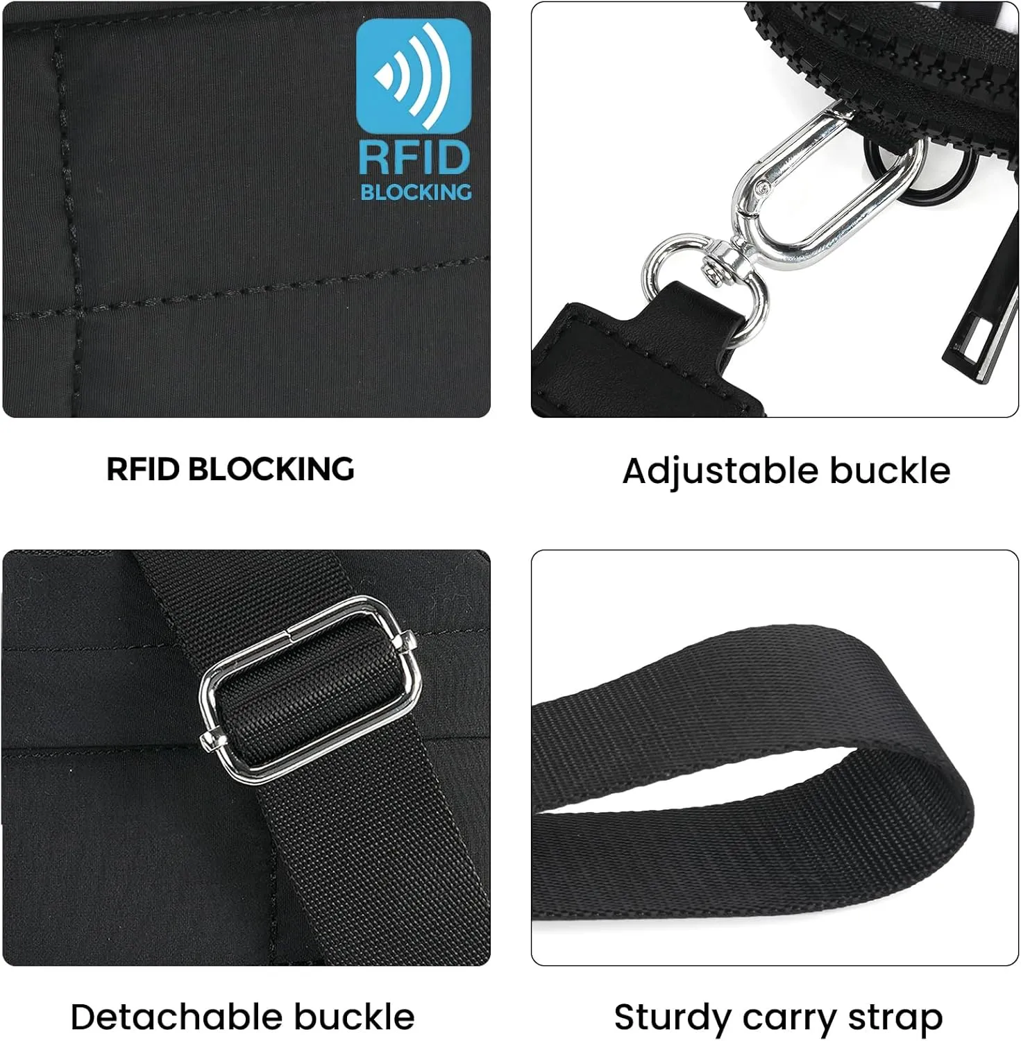 Small Crossbody Bags for Women Nylon Quilted Wristlet RFID Wallets with 4 Zipper Carry All Purse Credit Card Holder