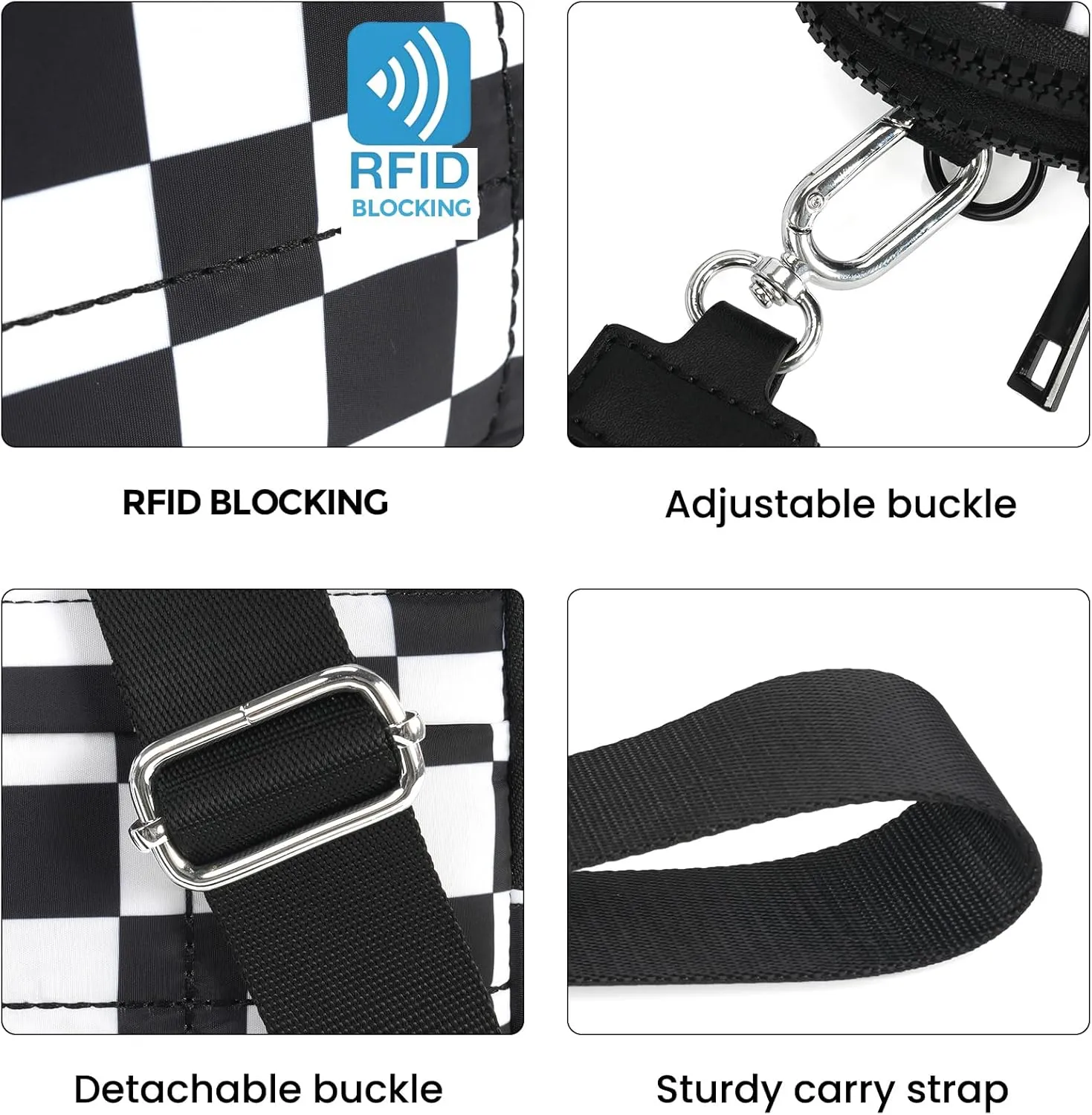 Small Crossbody Bags for Women Nylon Quilted Wristlet RFID Wallets with 4 Zipper Carry All Purse Credit Card Holder