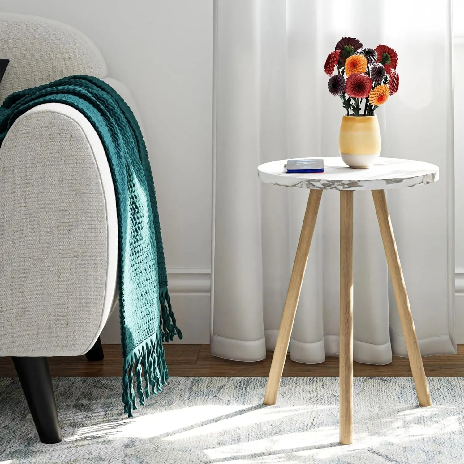 Small Round Side Tables for Living Room, Minimalist Circle Accent End Table Small Spaces Apartments, Modern Night Stand for Bedroom, Office, Nursery (White Marble)
