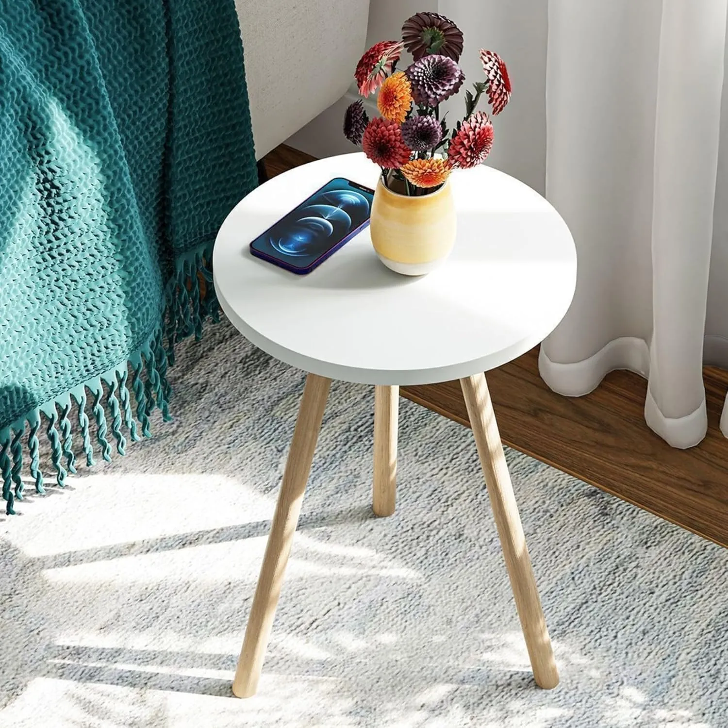 Small Round Side Tables for Living Room, Minimalist Circle Accent End Table Small Spaces Apartments, Modern Night Stand for Bedroom, Office, Nursery (White)