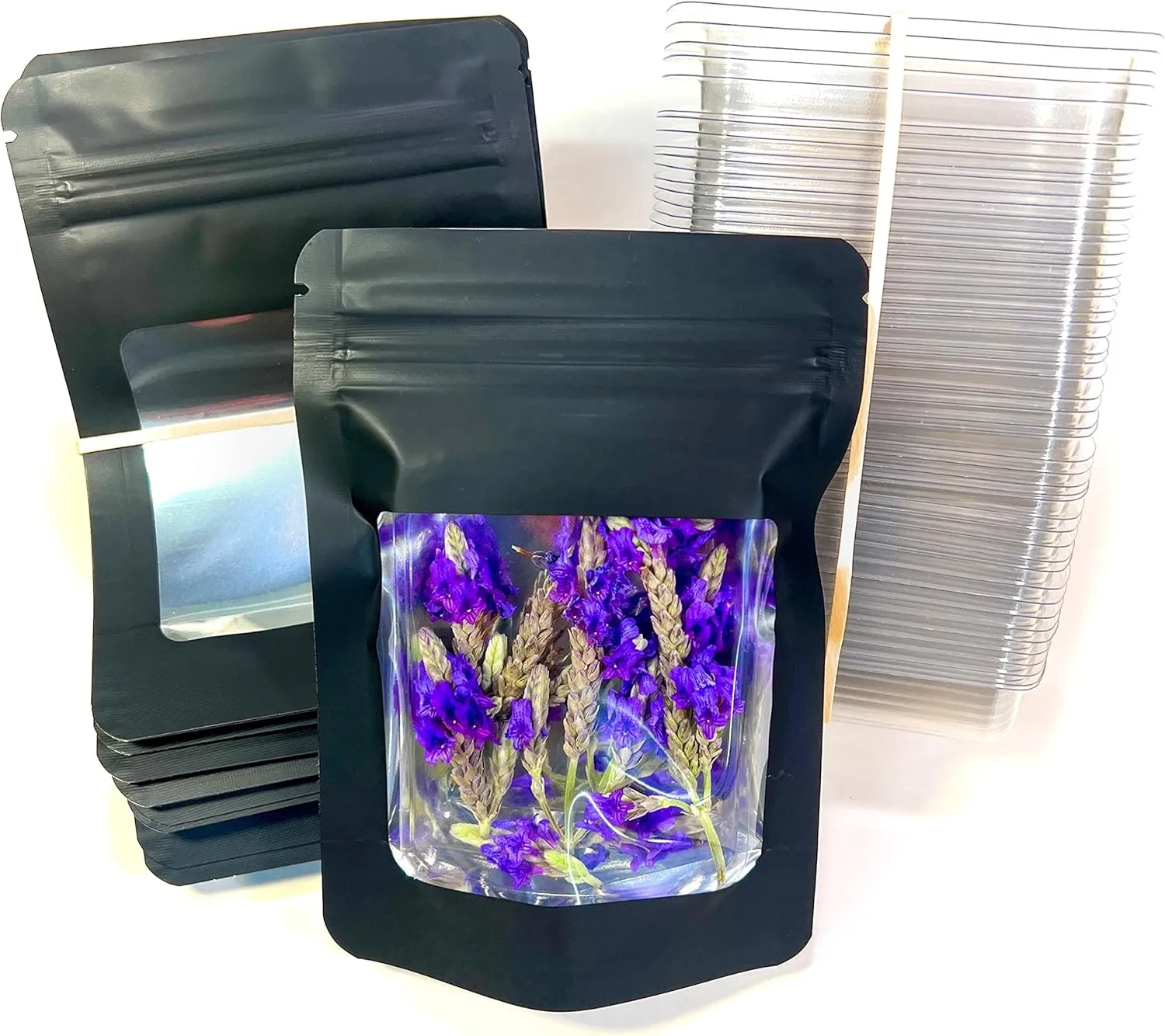 Smell Proof Odor Free Mylar TRAYBAGS (50 pack) Stand Up Foil Pouch, Strong Reusable Zip Seal, 4 Mil Thick. ROYPACK (Matte Black with Window, Small)