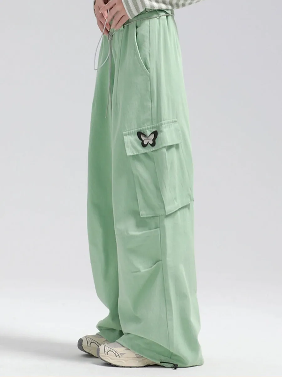 Solid Color Cargo Butterfly Decoration Loose Casual Pants with Butterfly Chain Belt