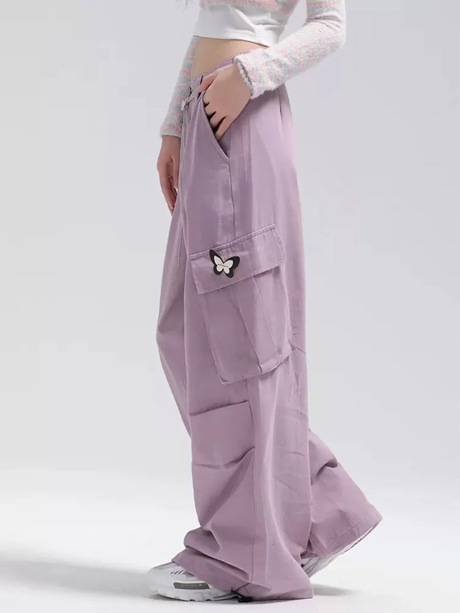 Solid Color Cargo Butterfly Decoration Loose Casual Pants with Butterfly Chain Belt