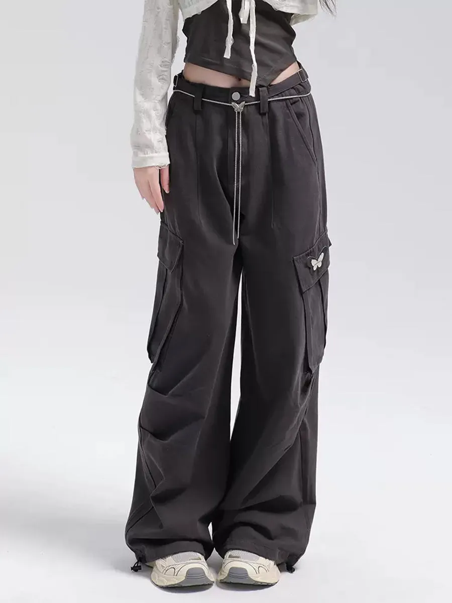 Solid Color Cargo Butterfly Decoration Loose Casual Pants with Butterfly Chain Belt
