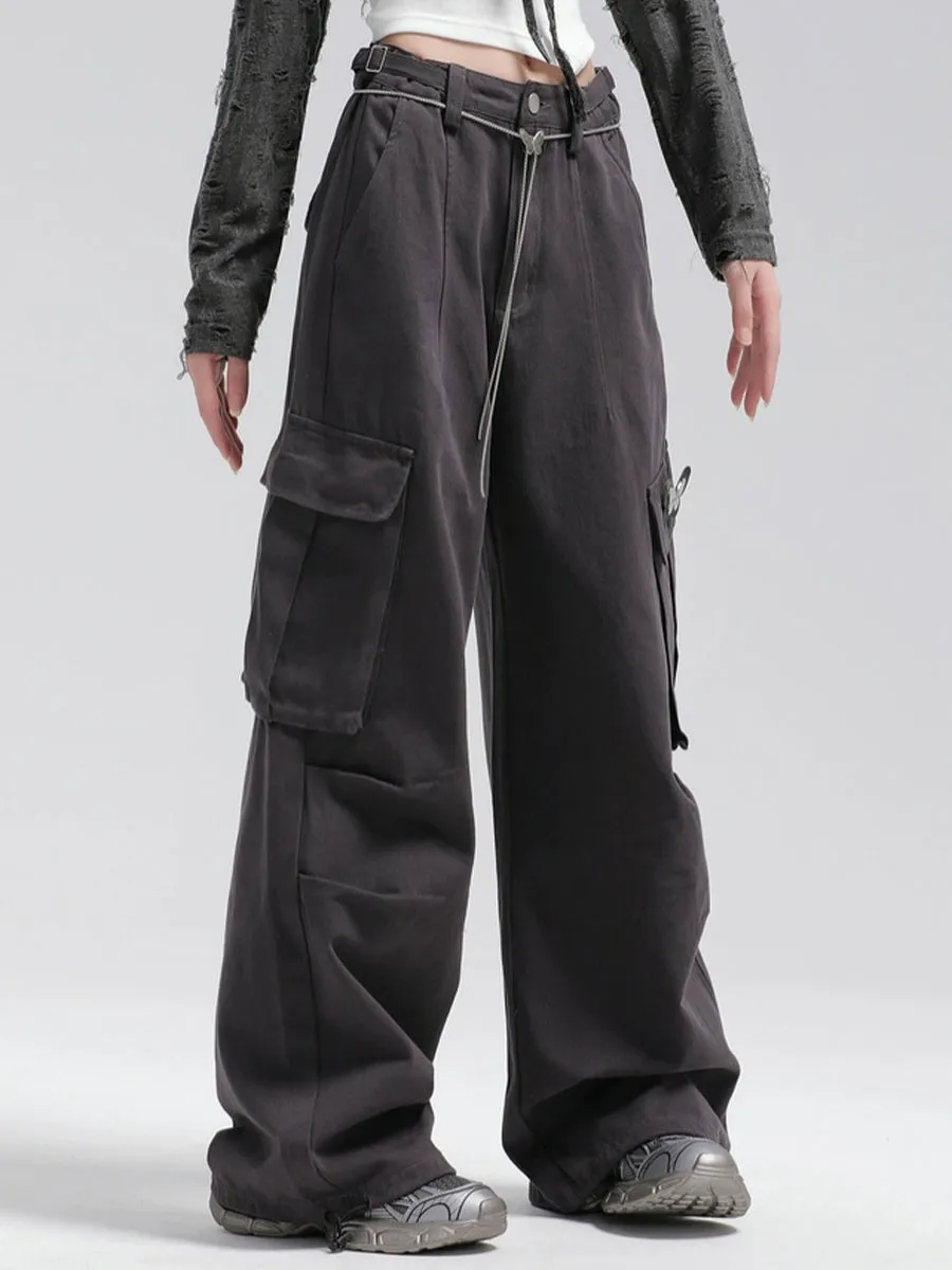 Solid Color Cargo Butterfly Decoration Loose Casual Pants with Butterfly Chain Belt