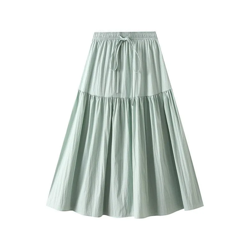 Solid Color Elastic High Waist Drawstring Half Skirt