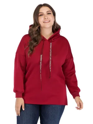 Solid Color Letter Printed Drawstring Hoodie