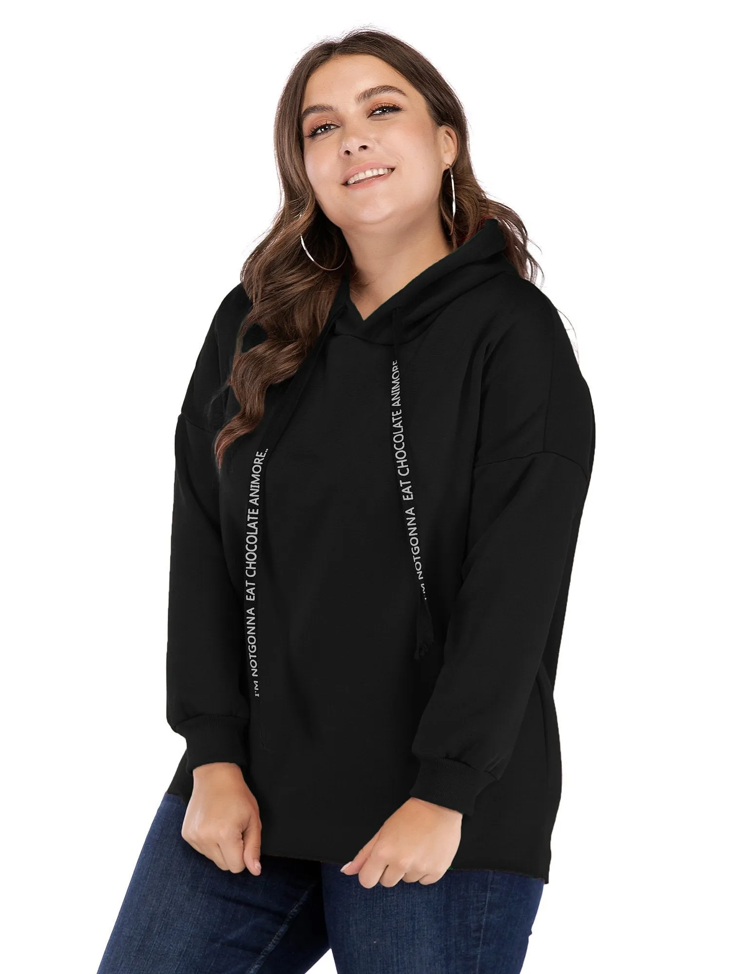 Solid Color Letter Printed Drawstring Hoodie