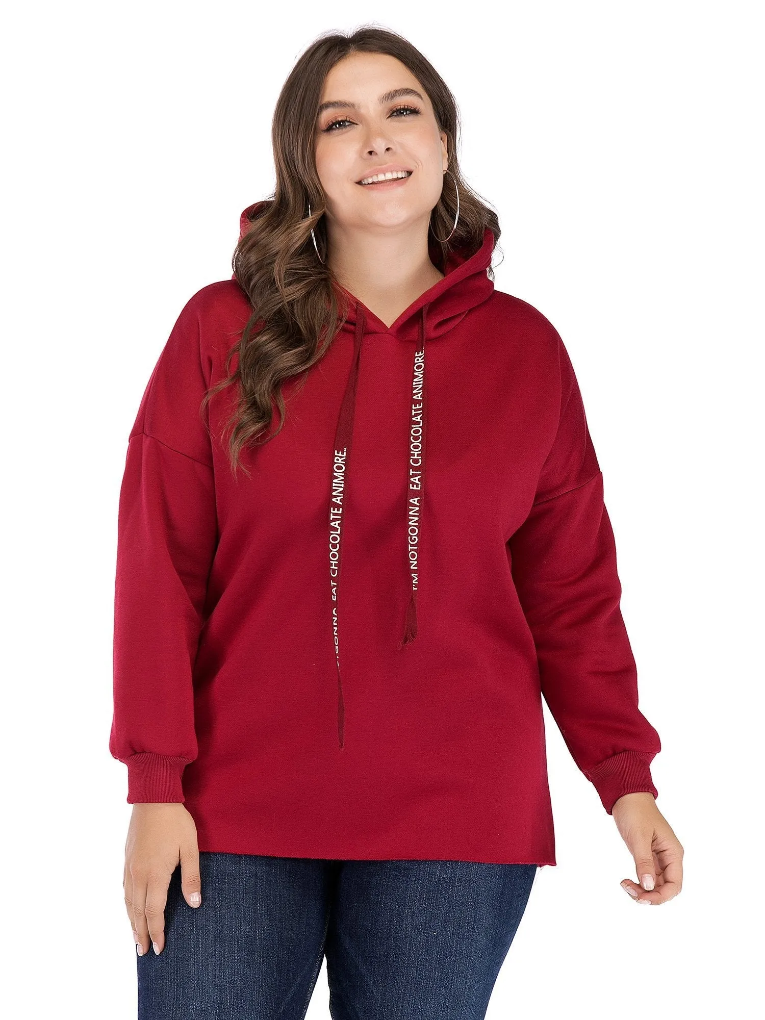 Solid Color Letter Printed Drawstring Hoodie