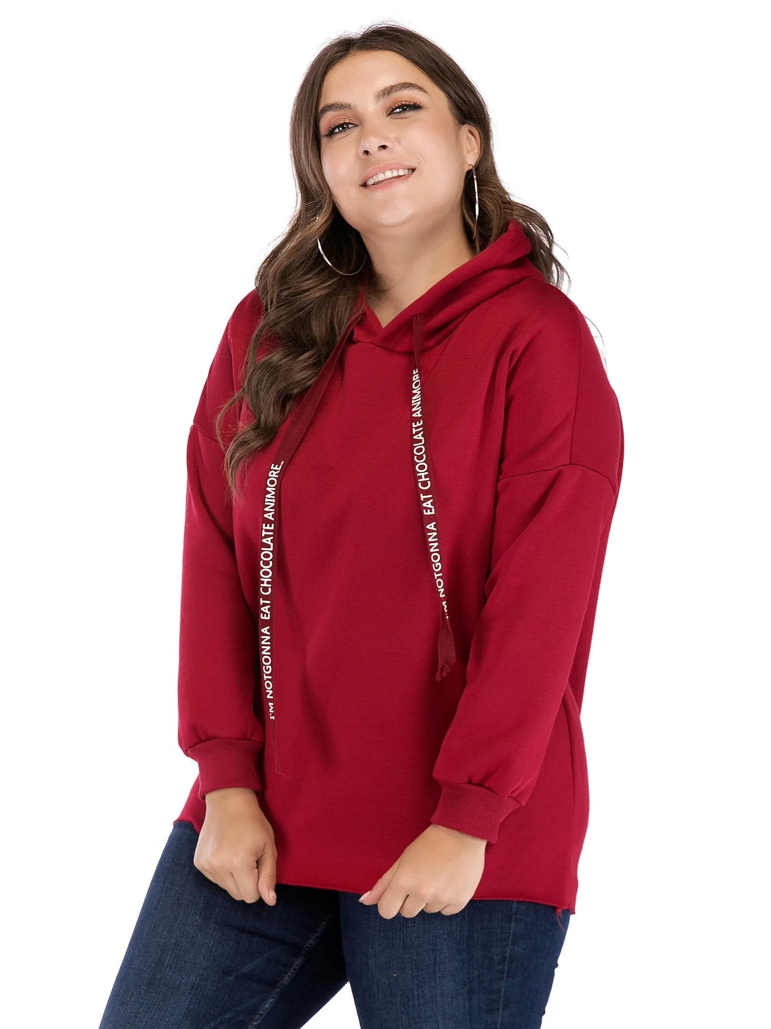 Solid Color Letter Printed Drawstring Hoodie