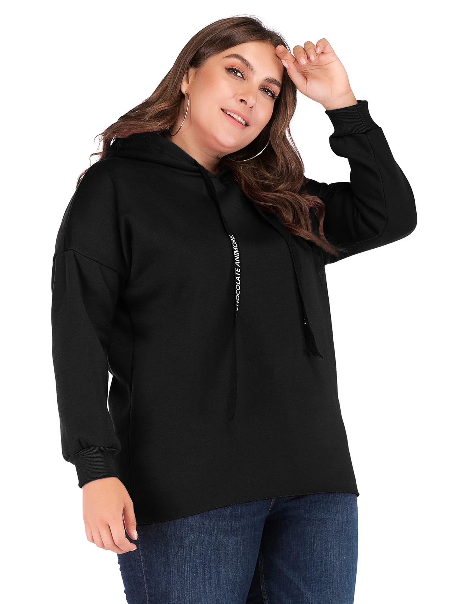 Solid Color Letter Printed Drawstring Hoodie
