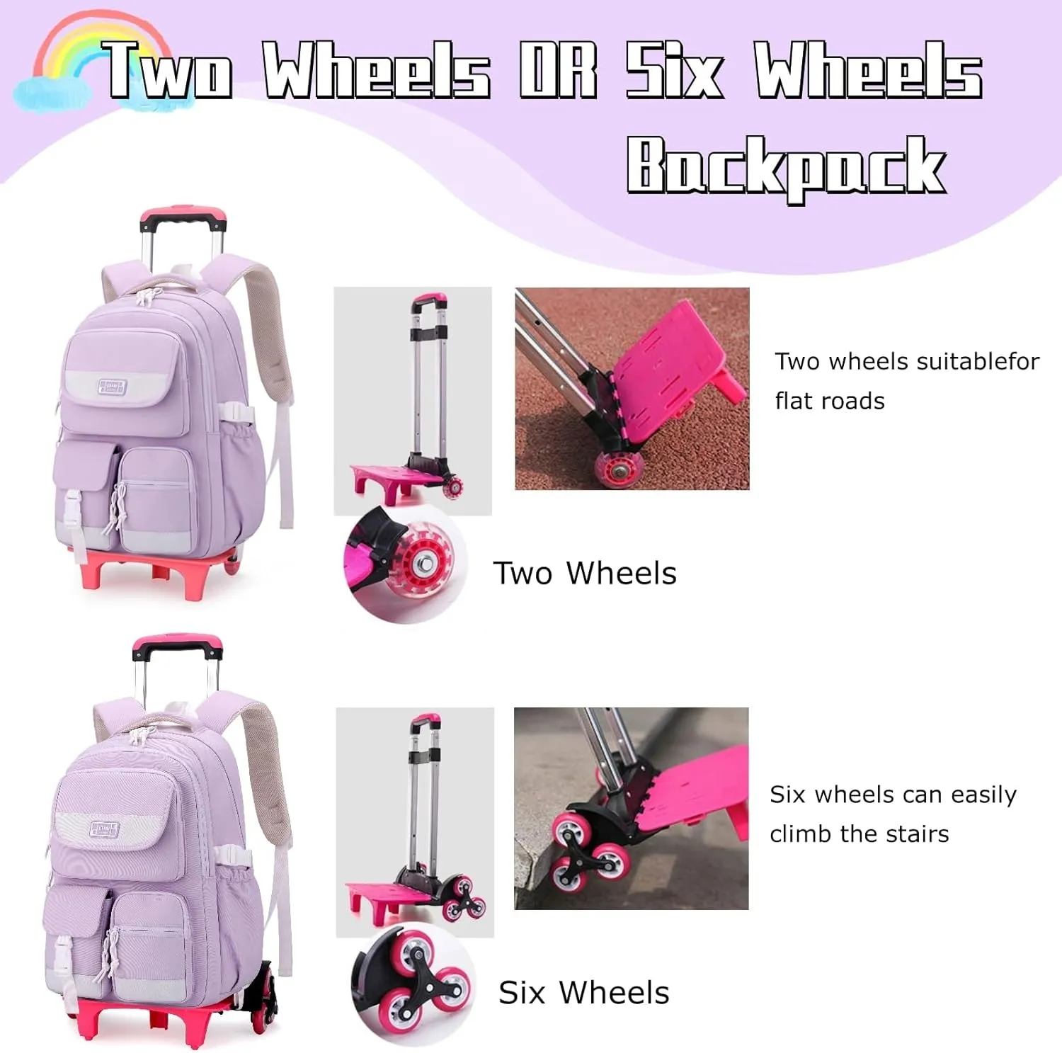 Solid Color Rolling Backpack for Girls Boys Cute Elementary school bag with wheels,Purple Trolley Bags for Travel