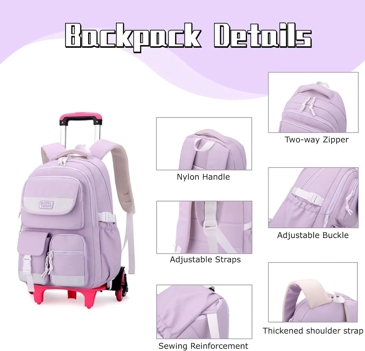 Solid Color Rolling Backpack for Girls Boys Cute Elementary school bag with wheels,Purple Trolley Bags for Travel