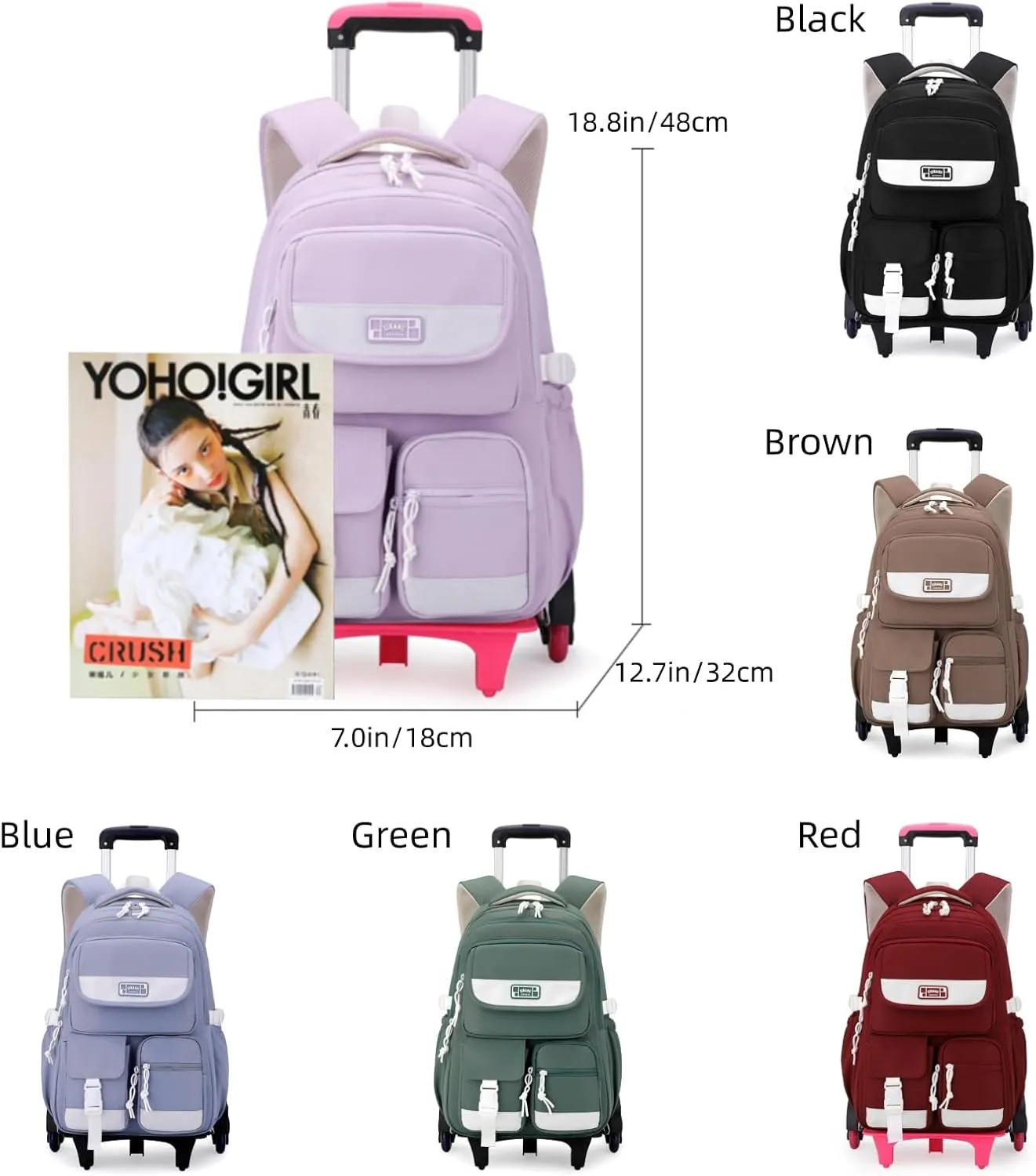 Solid Color Rolling Backpack for Girls Boys Cute Elementary school bag with wheels,Purple Trolley Bags for Travel