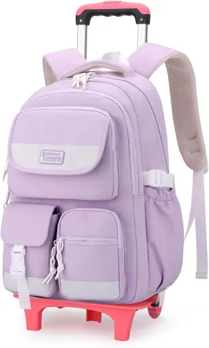 Solid Color Rolling Backpack for Girls Boys Cute Elementary school bag with wheels,Purple Trolley Bags for Travel