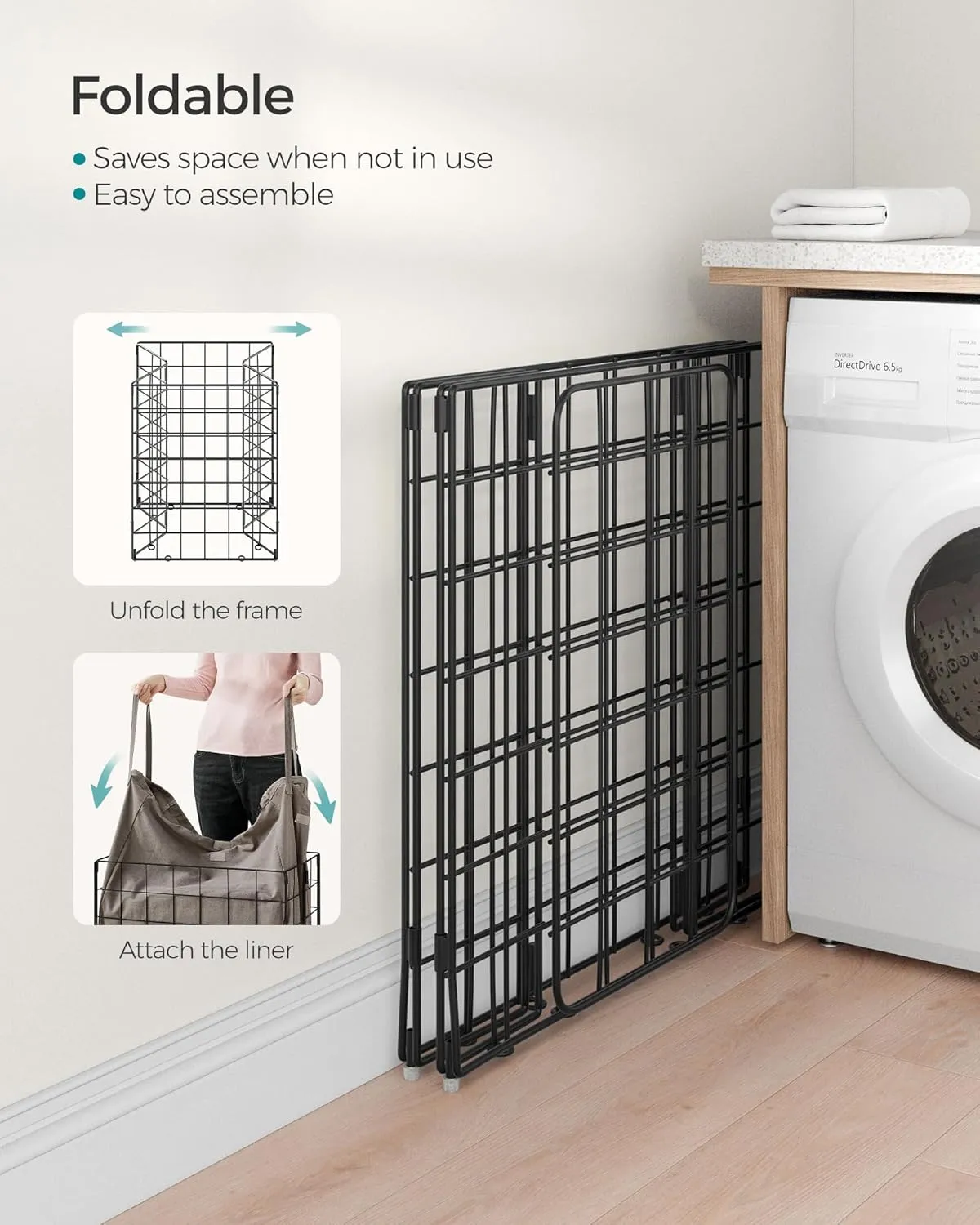 SONGMICS Laundry Hamper, 23.8 Gal. (90L) Laundry Basket, Collapsible Clothes Hamper, Removable and Washable Liner, Metal Wire Frame, for Bedroom Bathroom, Black and Camel Brown ULCB190N01