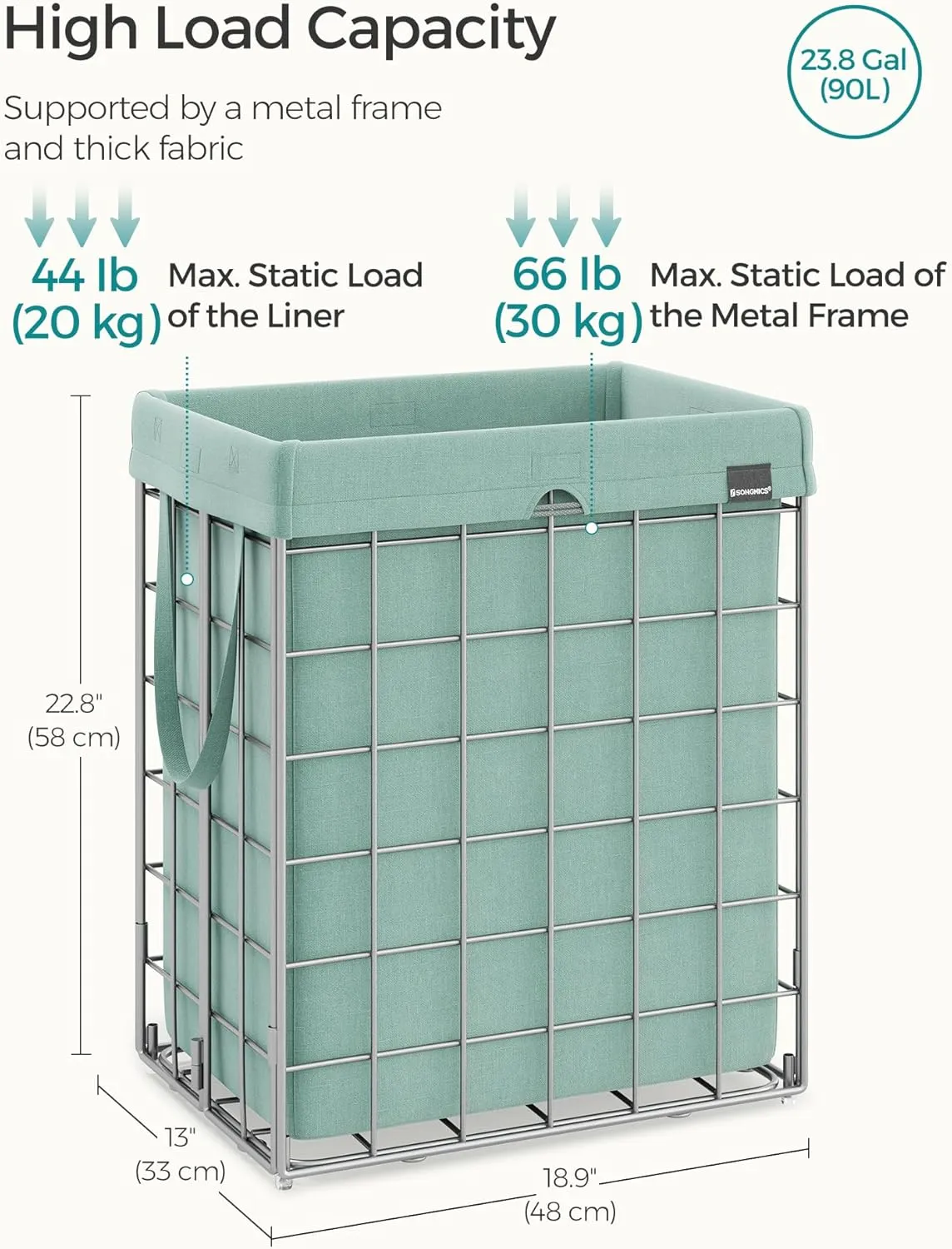 SONGMICS Laundry Hamper, 23.8 Gal. (90L) Laundry Basket, Collapsible Clothes Hamper, Removable and Washable Liner, Metal Wire Frame, for Bedroom Bathroom, Silver and Mint Green ULCB190C01