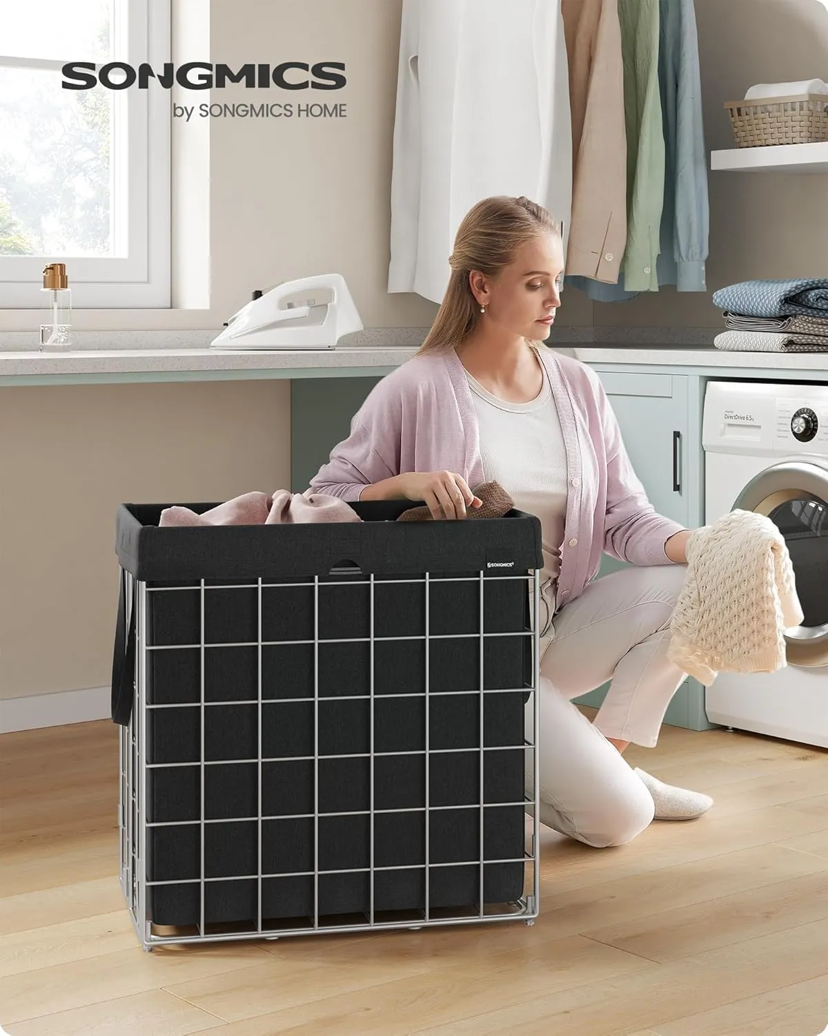 SONGMICS Laundry Hamper, 29 Gal. (110L) Laundry Basket, Collapsible Clothes Hamper, Removable and Washable Liner, Metal Wire Frame, for Bedroom Bathroom, Silver and Classic Black ULCB111B01