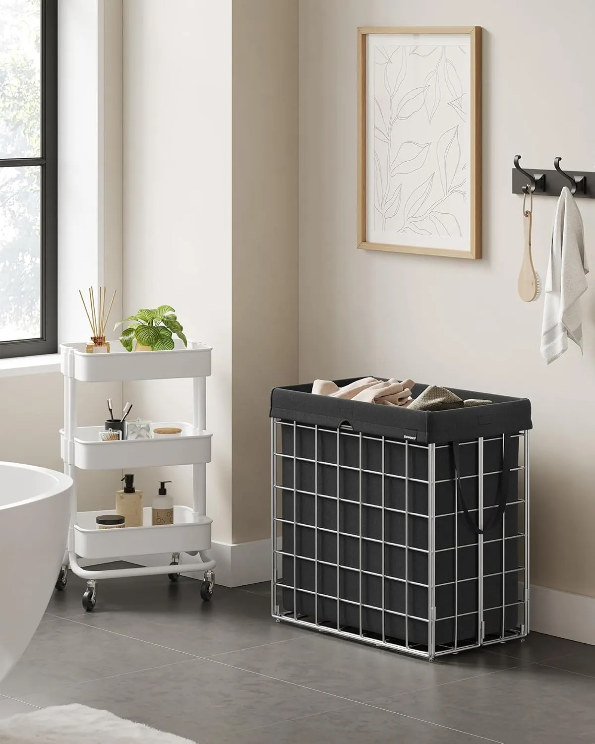 SONGMICS Laundry Hamper, 29 Gal. (110L) Laundry Basket, Collapsible Clothes Hamper, Removable and Washable Liner, Metal Wire Frame, for Bedroom Bathroom, Silver and Classic Black ULCB111B01