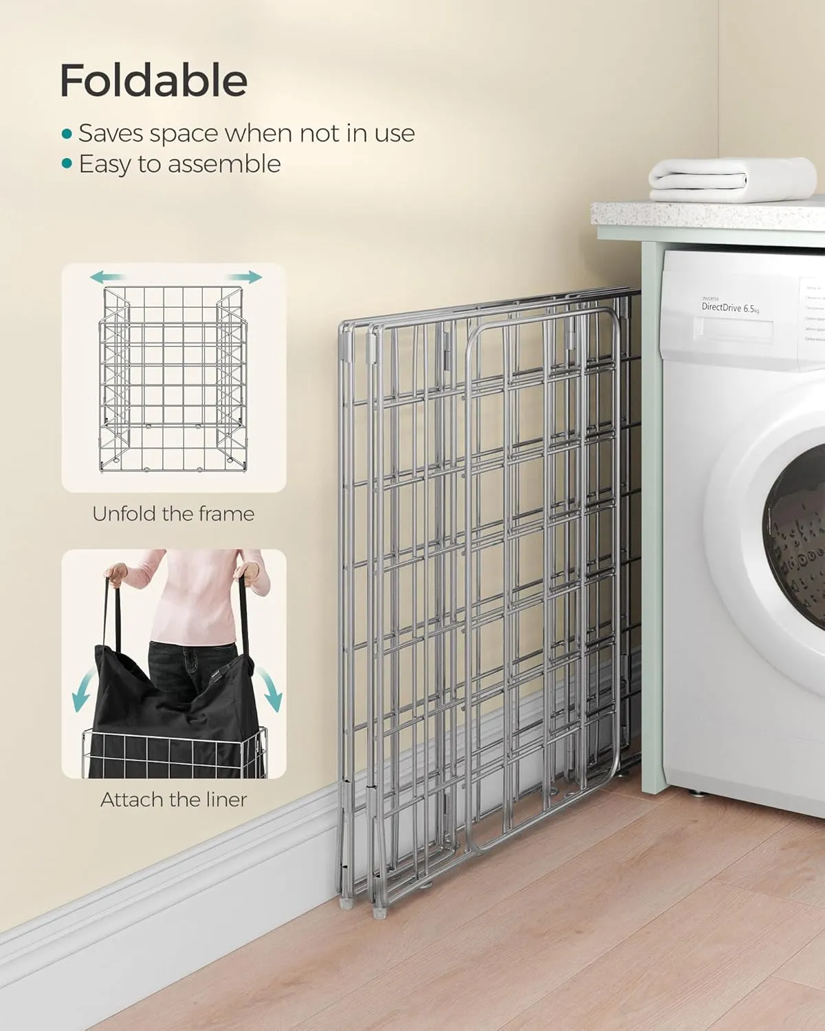SONGMICS Laundry Hamper, 29 Gal. (110L) Laundry Basket, Collapsible Clothes Hamper, Removable and Washable Liner, Metal Wire Frame, for Bedroom Bathroom, Silver and Classic Black ULCB111B01