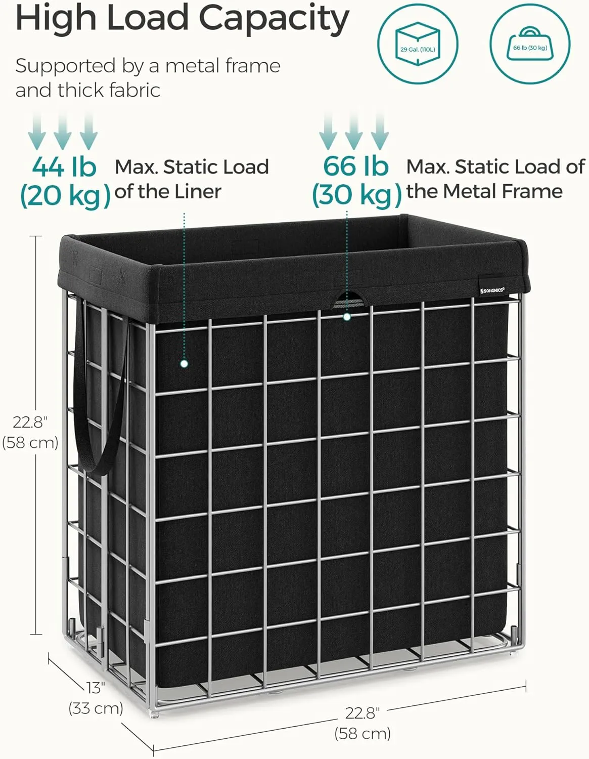SONGMICS Laundry Hamper, 29 Gal. (110L) Laundry Basket, Collapsible Clothes Hamper, Removable and Washable Liner, Metal Wire Frame, for Bedroom Bathroom, Silver and Classic Black ULCB111B01