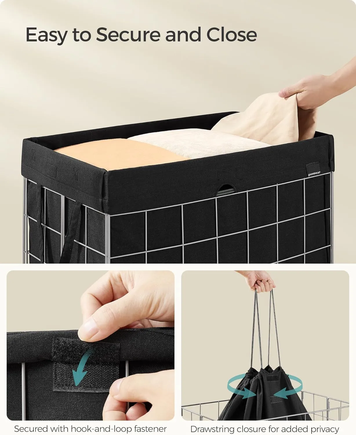 SONGMICS Laundry Hamper, 29 Gal. (110L) Laundry Basket, Collapsible Clothes Hamper, Removable and Washable Liner, Metal Wire Frame, for Bedroom Bathroom, Silver and Classic Black ULCB111B01